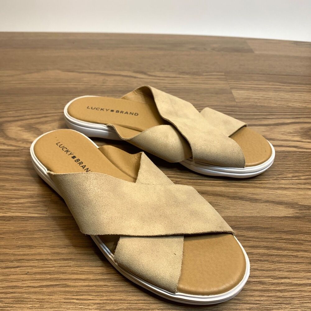 Lucky Brand Womens Mahlay Travertine Sandals Size 7.5 M Beige Peep Toe